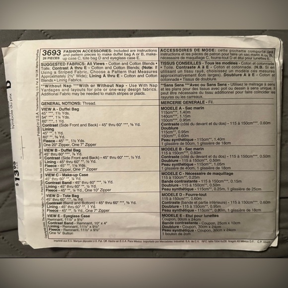 Sewing Pattern McCall’s #3693 2002 Duffle & Tote Bags - Uncut - Picture 2 of 4